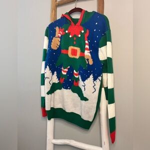 EUC Party sweater, “ugly christmas sweater” hood has elf ears. Size adult small